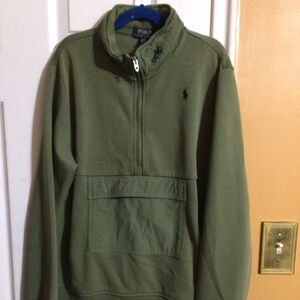 Olive green, Ralph Lauren hooded long sleeved shirt, kids large 14/16